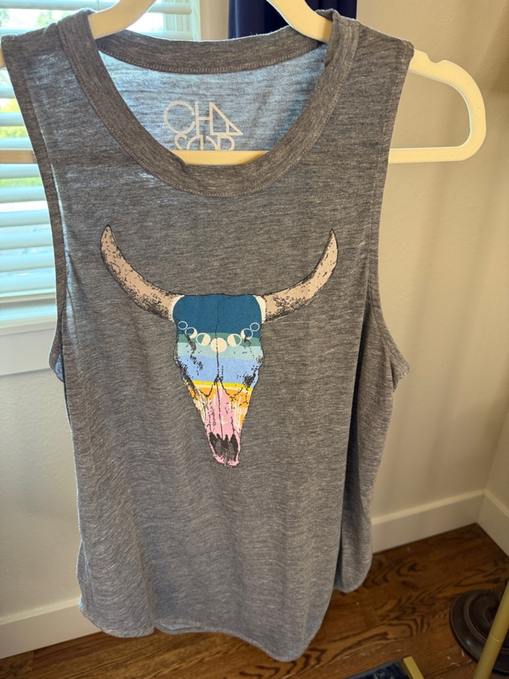 Chaser Gray Tank Top with Multicolor Bull Skull Graphic